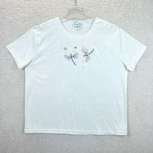 The Quacker Factory Cream T-Shirt Embroidered Dragonfly Short Sleeve 1 X Casual
